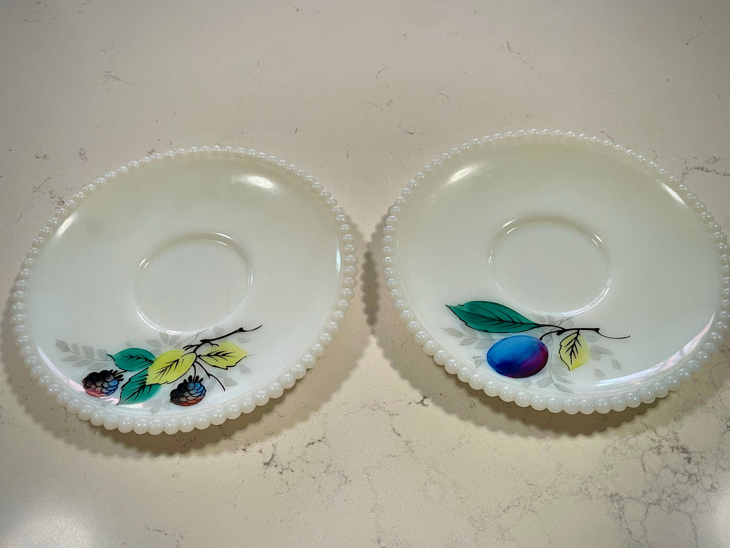 Vintage Westmoreland Beaded Milk Glass Fruit Teacups and Saucers (Plum & Blackberry) Set of 2