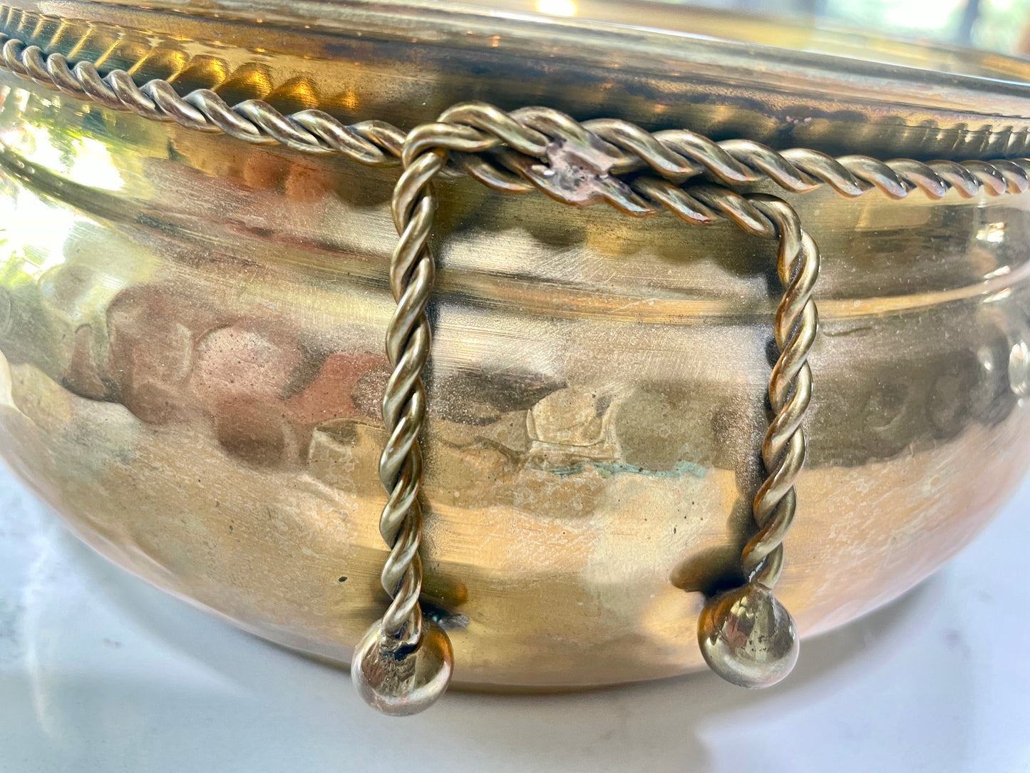 Vintage Brass Hammered Bowl/Planter w/Braided Detail (from India)