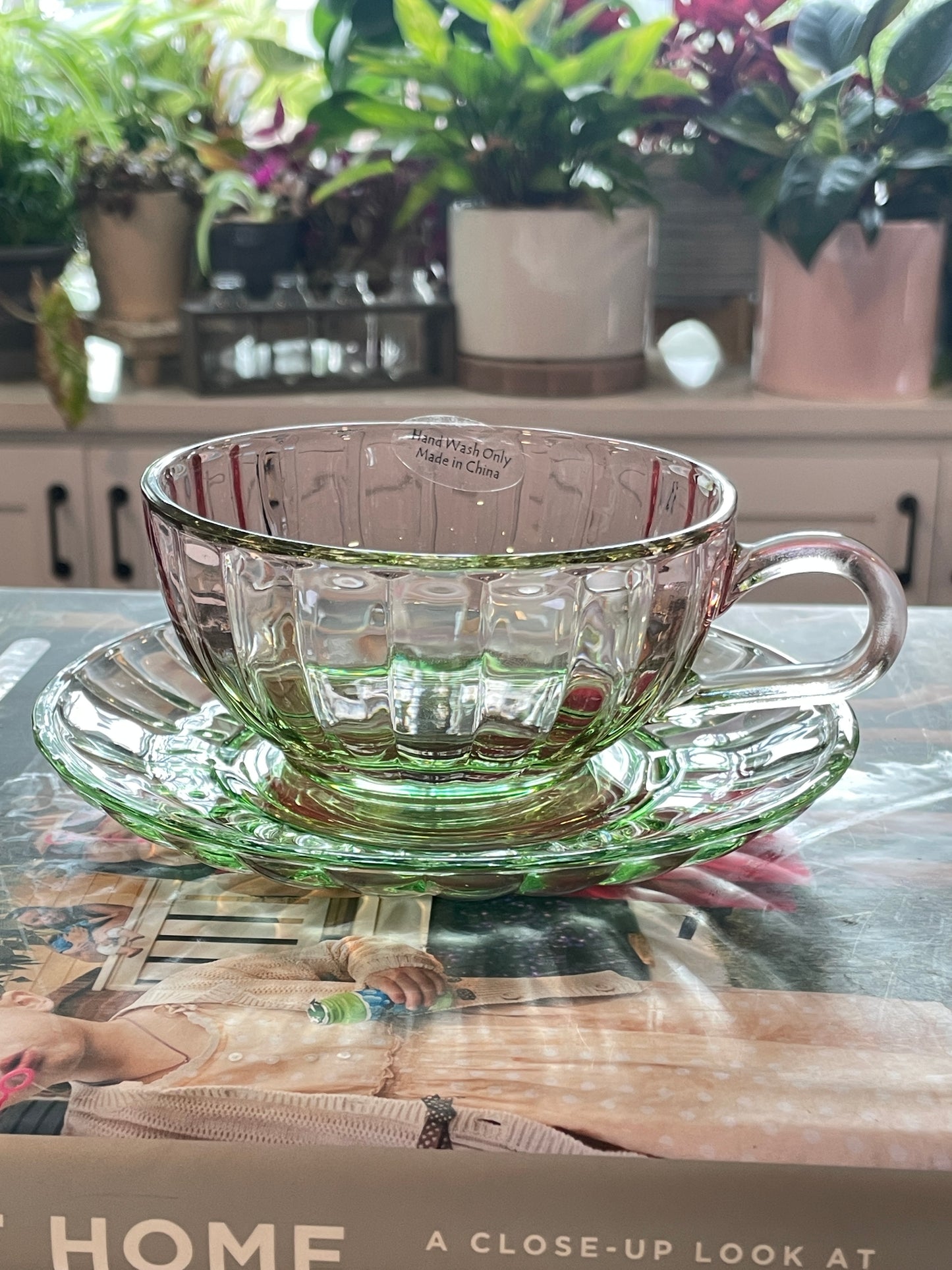 Pink & Green Glass Teacup and Saucer