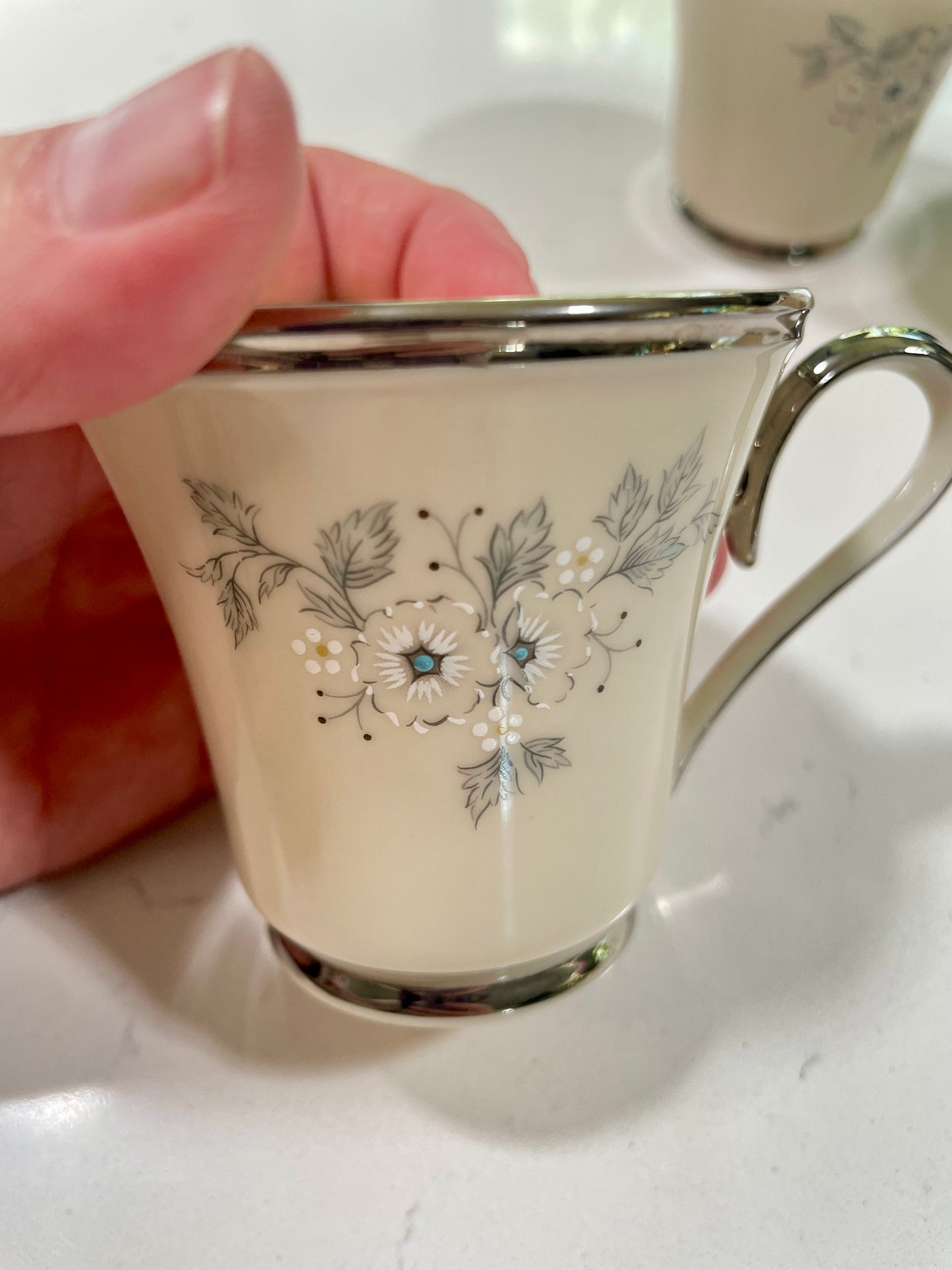 Set of 4 Vintage Lenox Windsong Silver Trimmed Floral Pattern Tea Cups