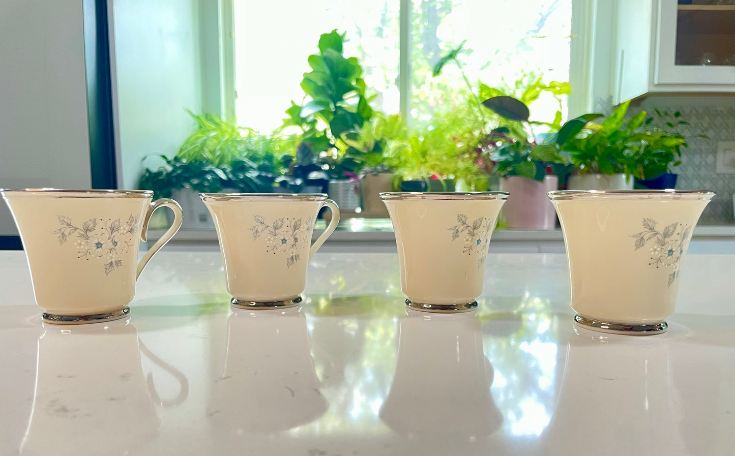 Set of 4 Vintage Lenox Windsong Silver Trimmed Floral Pattern Tea Cups